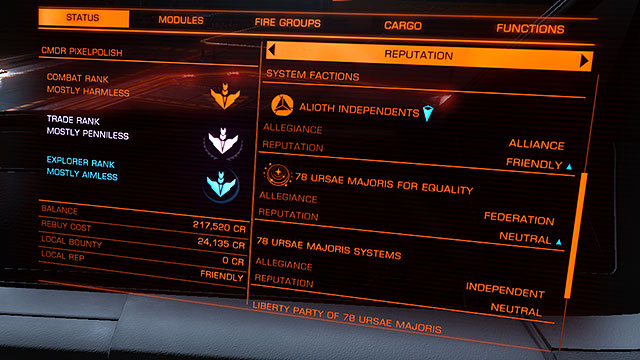 The first bookmark shows the details on the pilot - (Right) System Panel - Ship Interface - Elite: Dangerous - Game Guide and Walkthrough