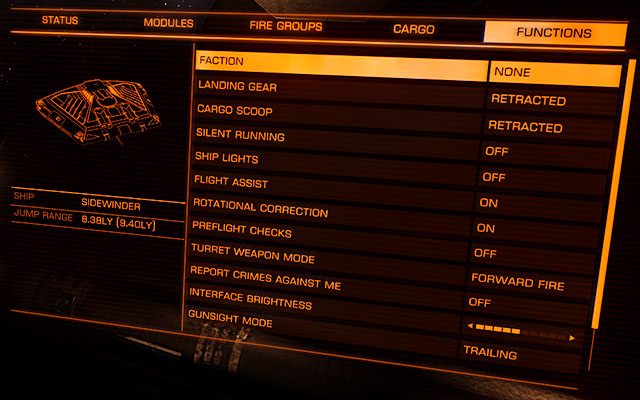 The last bookmark in the right panel are the functions - (Right) System Panel - Ship Interface - Elite: Dangerous - Game Guide and Walkthrough