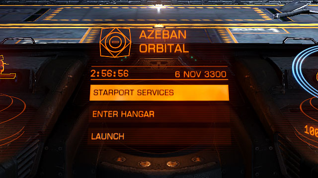 After docking on the station in the place of the radar you will see the menu with three items: Starport Services (main interface window available without coming off the ship), Enter hangar (I you need to buy or swap the components of the ship or the entire ship) and Launch (choose if you want to lea - Main Window - Interface on the stations - Elite: Dangerous - Game Guide and Walkthrough