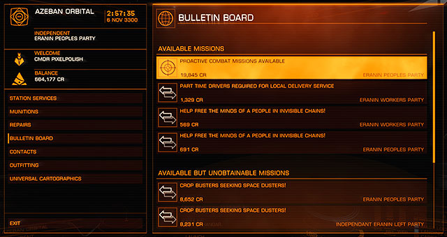 Bulletin Board shows the new missions when the old ones disappear (due to time) - Main Window - Interface on the stations - Elite: Dangerous - Game Guide and Walkthrough