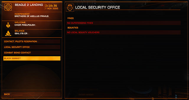 Here you can manage your financial actions with the Pilots Federation and the local government - Main Window - Interface on the stations - Elite: Dangerous - Game Guide and Walkthrough