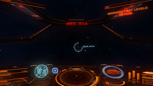 To safely abandon the area where you had been thrown out from the SC mode, warm up the SFD and find the escape vector on the compass - Frame Shift Drive - Travelling - Elite: Dangerous - Game Guide and Walkthrough
