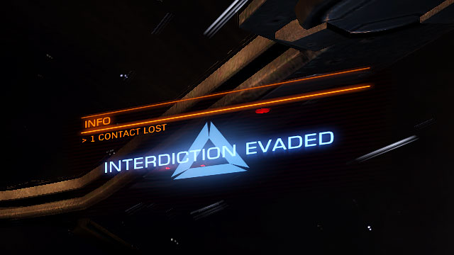 If you will manage to keep the right direction for enough time, you may go back to the space surfing and you will se the info bar with the interdiction evaded communicate - Frame Shift Drive - Travelling - Elite: Dangerous - Game Guide and Walkthrough