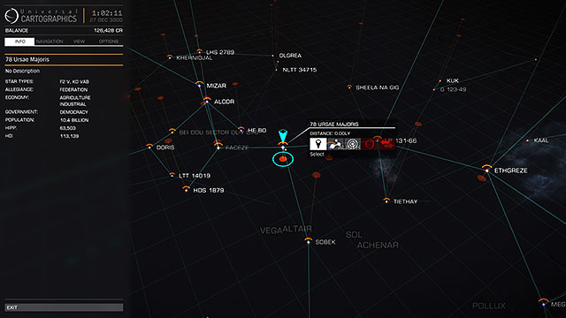 The first thing you will see after turning on the map (Connecting the M button is suggested as by default the map can be open only by using the left panels navigation bookmark) is a rather small area of the system that surrounds you and the key with the description - Galaxy Map - Travelling - Elite: Dangerous - Game Guide and Walkthrough