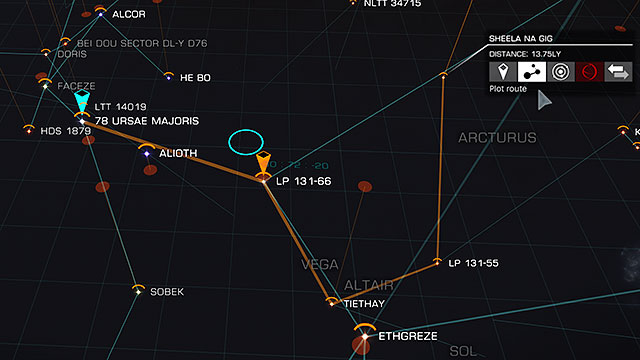 After selecting your destiny (plot route button) your way will be shown with an orange color - Galaxy Map - Travelling - Elite: Dangerous - Game Guide and Walkthrough