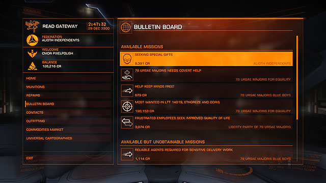 An important source of income in the Elite: Dangerous is a bulletin board which can be found almost in every space station - Bulletin Board - Earning your first money - Elite: Dangerous - Game Guide and Walkthrough