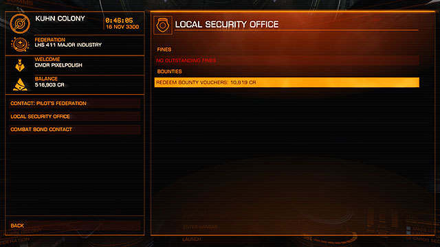 Now go to the specific station, then Contacts > Local security Office to collect the credits - Professions - Earning your first money - Elite: Dangerous - Game Guide and Walkthrough