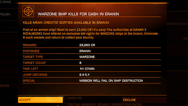 The best method of earning the money as a mercenary is hiring up for the missions which are connected to one fraction or another - Professions - Earning your first money - Elite: Dangerous - Game Guide and Walkthrough