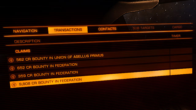 Information about the awaiting bounties can be found in the left panel, in the transactions bookmark - Professions - Earning your first money - Elite: Dangerous - Game Guide and Walkthrough