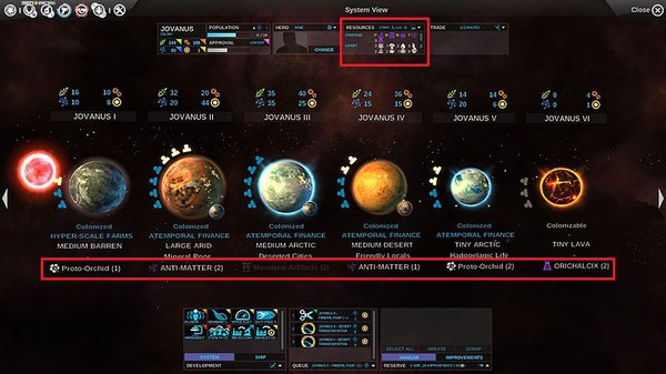 JOVANUS resources - in the upper frame you can see all resources of your empire - Resources - Endless Space - Game Guide and Walkthrough