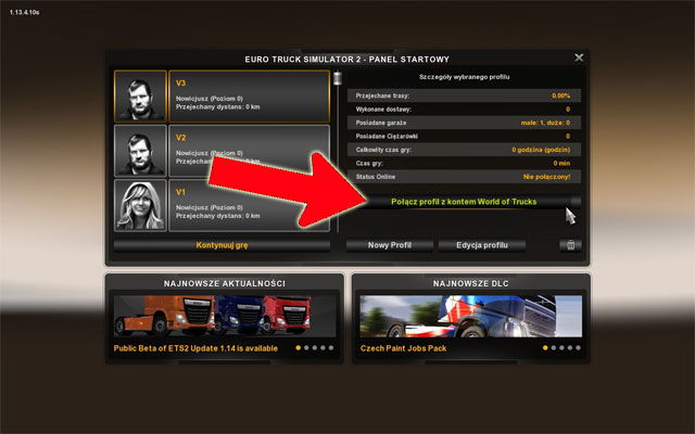 To connect your account with an online account, you must press the Connect profile to the World of Trucks button at the character select screen - Online account - First steps - Euro Truck Simulator 2 - Game Guide and Walkthrough