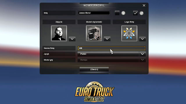 At the beginning create your profile, therefore select name, sex, company logo, photo (numerous to choose from), truck model and your companys name - Player profile - First steps - Euro Truck Simulator 2 - Game Guide and Walkthrough