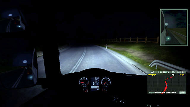 You should rather use the low beam ([F4] + [2] by default) - Setting lights - Driving your truck - Euro Truck Simulator 2 - Game Guide and Walkthrough