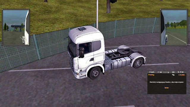 Park on such parking lot, turn off the engine ([E] by default) and go asleep ([Enter] by default) - Drivers rest - Driving your truck - Euro Truck Simulator 2 - Game Guide and Walkthrough