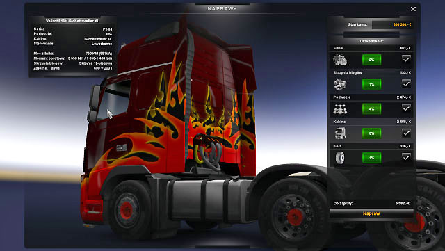 The car repair shop displays on the right the truck condition and repair costs of each element - Car repair shop - Repair and modifications - Euro Truck Simulator 2 - Game Guide and Walkthrough