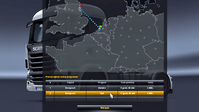 A window of available destination place will be displayed - Ports and Eurotunnel (Map) - Map - Euro Truck Simulator 2 - Game Guide and Walkthrough