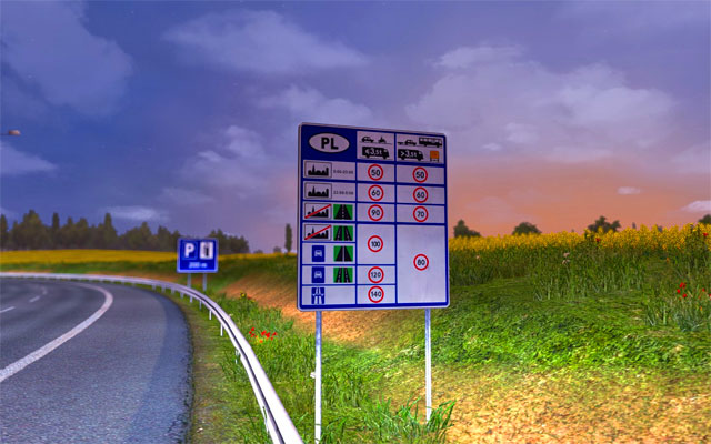 It is worth paying attention to signs informing about speed limits applicable to various types of roads - Borders - Roads - Euro Truck Simulator 2 - Game Guide and Walkthrough