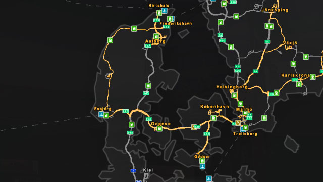 Road map of Denmark. - Denmark - Roads characteristic - Euro Truck Simulator 2: Scandinavian Expansion - Game Guide and Walkthrough