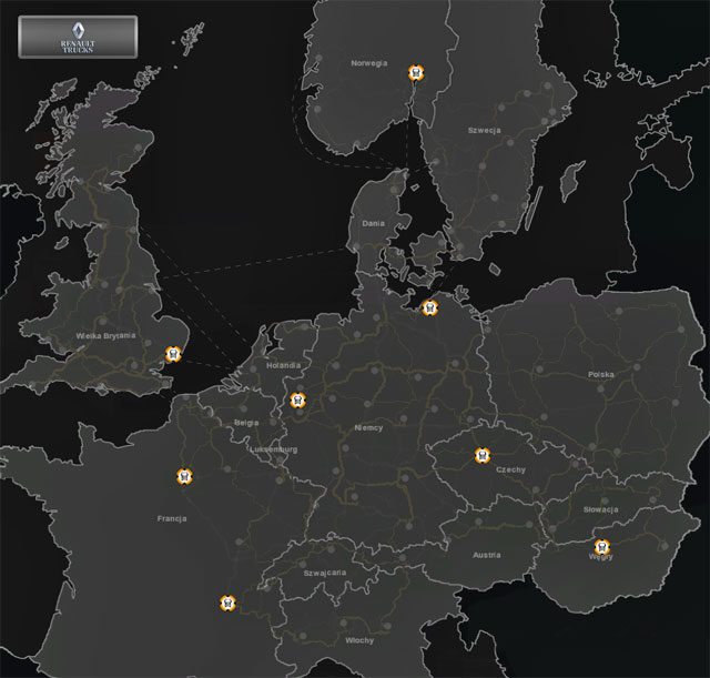 The map shows Renault Trucks shops (includes expansions Poland and Scandinavia). - Truck dealers: Majestic, Renault, Scania, Volvo - maps - Truck dealers - Euro Truck Simulator 2: Scandinavian Expansion - Game Guide and Walkthrough