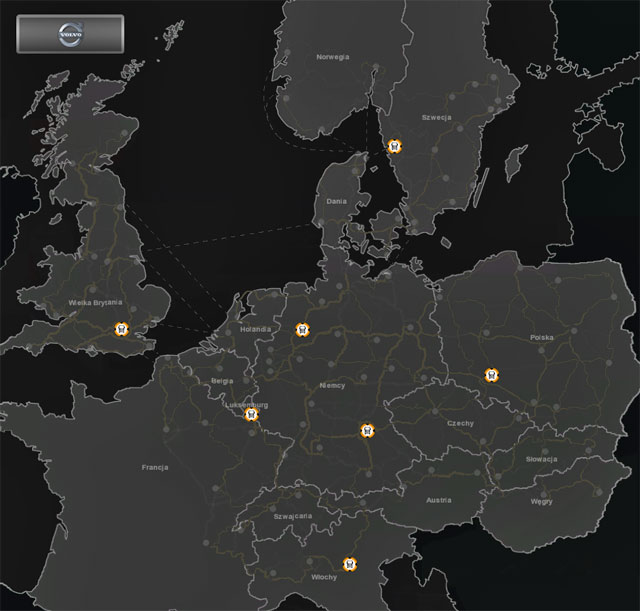 The map shows Volvo shops (includes expansions Poland and Scandinavia). - Truck dealers: Majestic, Renault, Scania, Volvo - maps - Truck dealers - Euro Truck Simulator 2: Scandinavian Expansion - Game Guide and Walkthrough