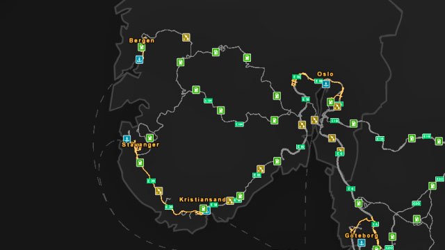 Road map of Norway. - Norway - Roads characteristic - Euro Truck Simulator 2: Scandinavian Expansion - Game Guide and Walkthrough