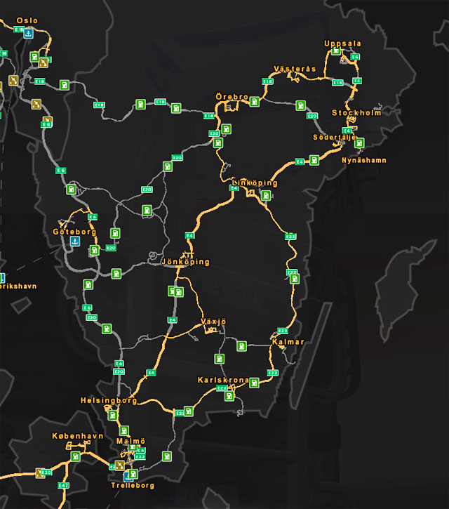 Road map of Sweden. - Sweden - Roads characteristic - Euro Truck Simulator 2: Scandinavian Expansion - Game Guide and Walkthrough