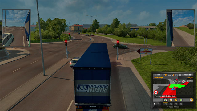 The motorway from the east changes into a dual carriageway road with traffic lights on the first intersection - Sweden (part 1) - Cities - Euro Truck Simulator 2: Scandinavian Expansion - Game Guide and Walkthrough