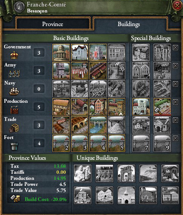 You can only build one type of special buildings in a province. - Buildings - The Budget - Europa Universalis IV - Game Guide and Walkthrough