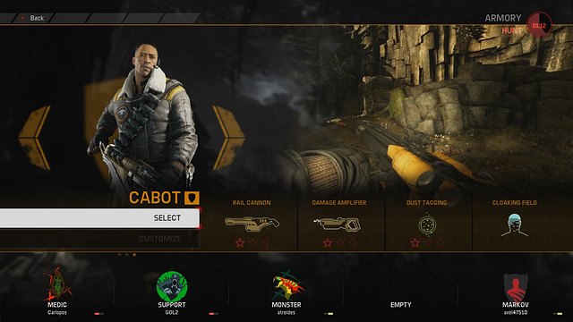 Cabot is the last Support hunter, in the basic version of the game - Support - Hunters - Evolve - Game Guide and Walkthrough