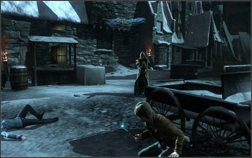 As you have probably guessed, the square you reached will soon be attacked by enemies - Walkthrough - The Streets of Hogsmeade - Harry Potter and the Deathly Hallows Part 2 - Game Guide and Walkthrough