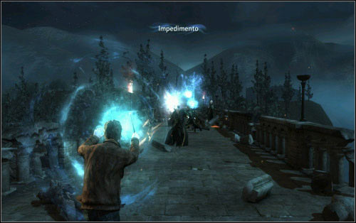 Before going onto the bridge you will be able to defend normally, using natural covers - Walkthrough - Surrender - Harry Potter and the Deathly Hallows Part 2 - Game Guide and Walkthrough