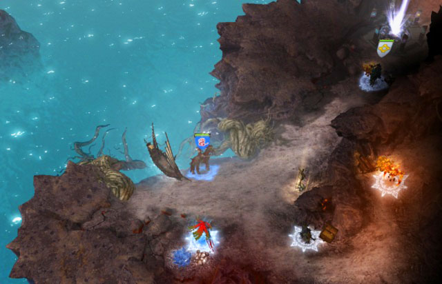 Place of landing on the volcano - away you can see the Conflux and its defender - Counterspell - Mission 2 - King of the Savage Sea (MQ) - Heroes VI - Pirates of the Savage Sea - Game Guide and Walkthrough