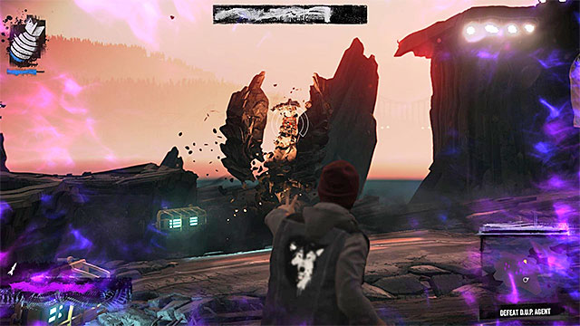 Theoretically, you can attack the boss with all available ranged attacks (do not try to get near it - melee combat is not an option), but the best result comes from using a combination of Laser Insight and Phosphor Beam - 8: The Test - Walkthrough - inFamous: Second Son - Game Guide and Walkthrough