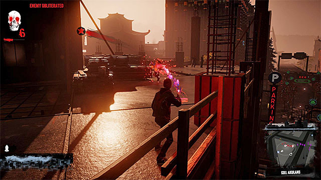 It is best to eliminate the rest of the gangsters at the top level of the parking lot - 13b: Hunting the Hunters - Walkthrough - inFamous: Second Son - Game Guide and Walkthrough