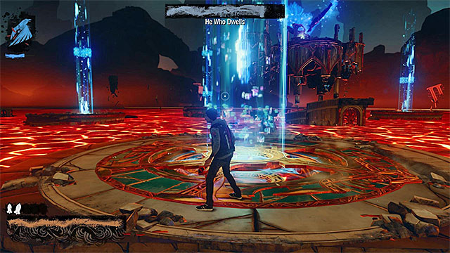 Return onto the platforms with vertical pillars of light to avoid not necessary damage from lava. - Angel (He Who Dwells) - Boss fights - inFamous: Second Son - Game Guide and Walkthrough