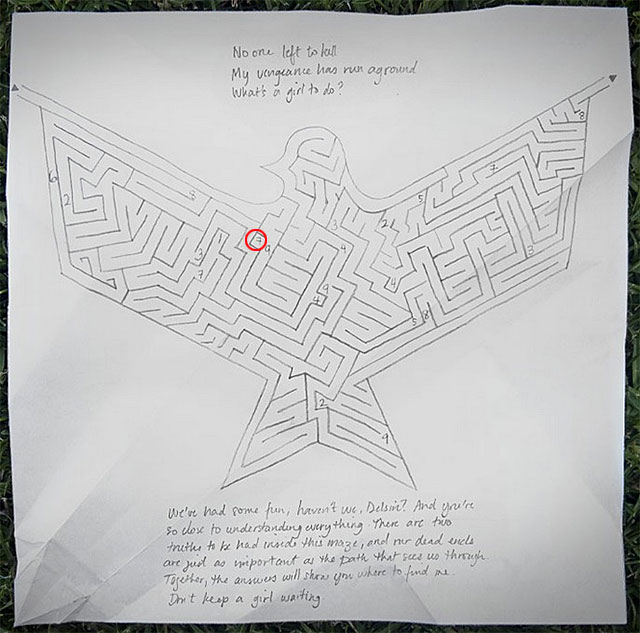 Once again, return to the drawing with the labyrinth connected with the origami dove 16 - Chapter 6, part 1 - things to do outside the game - inFamous Paper Trail - inFamous: Second Son - Game Guide and Walkthrough