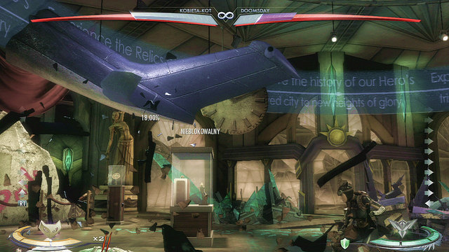On the left side of the arena there's a helicopter tail with a propeller hanging from the ceiling, you can use it by jumping up - Metropolis - Arenas - Injustice: Gods Among Us - Game Guide and Walkthrough