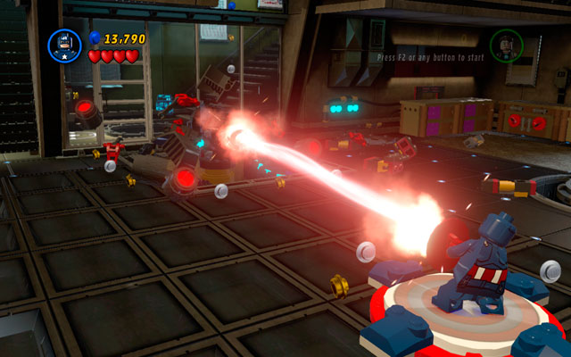 On the other side of the corridor, concentrate enemy's fire on Captain America - cover yourself behind the shield and stand on the panel on the right - Rebooted, Resuited - Walkthrough - LEGO Marvel Super Heroes - Game Guide and Walkthrough