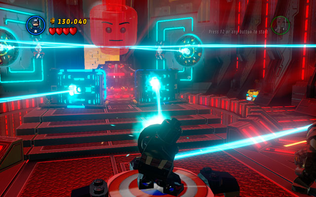 In new location defeat all enemies, then approach to two panels located at the end of the room and toss a shield at them - Rebooted, Resuited - Walkthrough - LEGO Marvel Super Heroes - Game Guide and Walkthrough