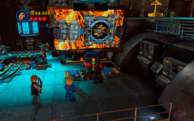 Now you must solve a riddle - turn mirrors with laser rays to reflect patterns showed in the down-left corner of the screen - Red Head Detention - Walkthrough - LEGO Marvel Super Heroes - Game Guide and Walkthrough