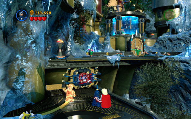 In next location defeat all frost giants, then melt a golden monument with a fire beam - Bifrosty Reception - Walkthrough - LEGO Marvel Super Heroes - Game Guide and Walkthrough
