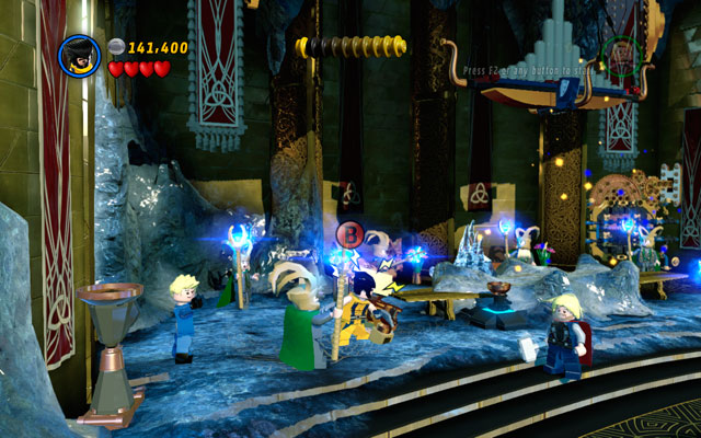 Defeat all giants, then head to the right side of the location, jumping from the one flower to the another - Bifrosty Reception - Walkthrough - LEGO Marvel Super Heroes - Game Guide and Walkthrough