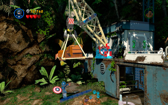 Toss a shield at the crane and climb on the platform using newly created passage - Rapturous Rise - Walkthrough - LEGO Marvel Super Heroes - Game Guide and Walkthrough
