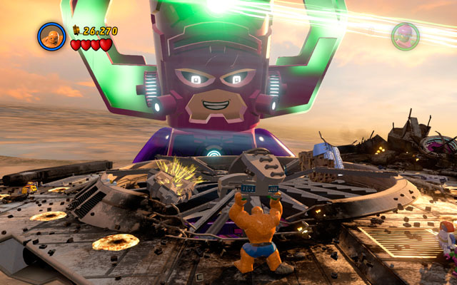 Choose the Thing and approach to the device with green handles lying on the left - throw it at the yellow rock - The Good, the Bad and the Hungry - Walkthrough - LEGO Marvel Super Heroes - Game Guide and Walkthrough