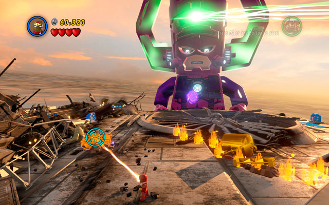 At the second wing of Helicarrier use Iron Man's fire beam to melt the golden brick lying on the left side - The Good, the Bad and the Hungry - Walkthrough - LEGO Marvel Super Heroes - Game Guide and Walkthrough