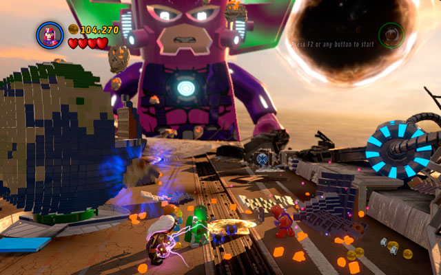 Use Cyclops laser ray to melt golden bricks lying on the left side, then build another part of the planet from the remains - The Good, the Bad and the Hungry - Walkthrough - LEGO Marvel Super Heroes - Game Guide and Walkthrough