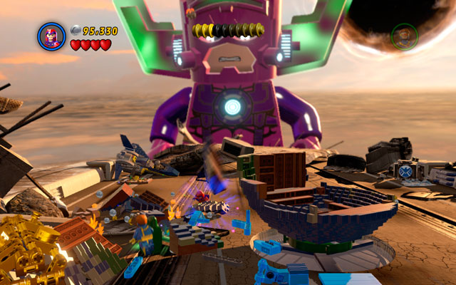On the last wing choose Magneto to move metal elements to the central part of the location - Galactus - Boss fights - LEGO Marvel Super Heroes - Game Guide and Walkthrough