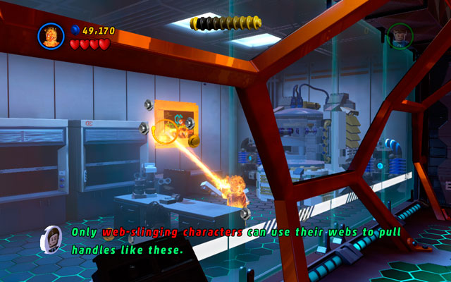 The last golden board is located in the lab, opposite to the next lift - Exploratory Laboratory - Minikit Sets - LEGO Marvel Super Heroes - Game Guide and Walkthrough