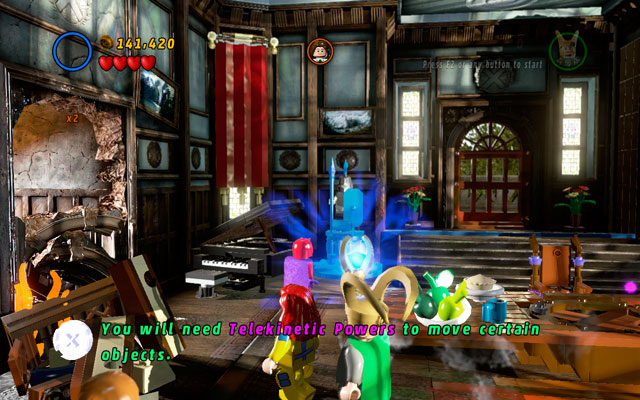 Meet with Storm in the next room and choose Magneto to move metallic armor standing on the left - Juggernauts and Crosses - Minikit Sets - LEGO Marvel Super Heroes - Game Guide and Walkthrough