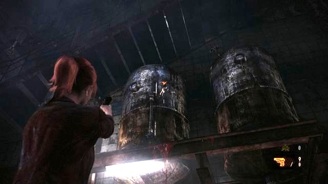 First, use Moiras flashlight to find the key and shoot it down with Claires gun. - Get the key - Penal Colony - Claire - Resident Evil: Revelations 2 - Game Guide and Walkthrough